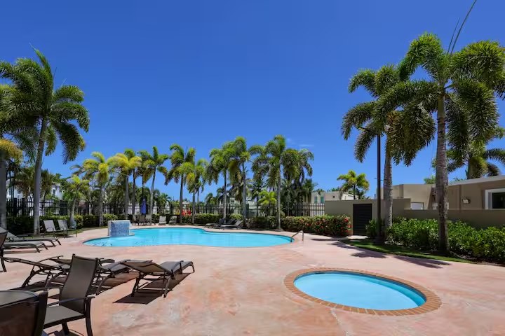 Community pool surrounded by royal palms
